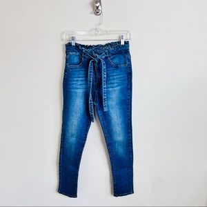 NWT C’EST TOI Paper Bag Ruffle High Waisted Tie Waist Skinny Jeans Medium Wash